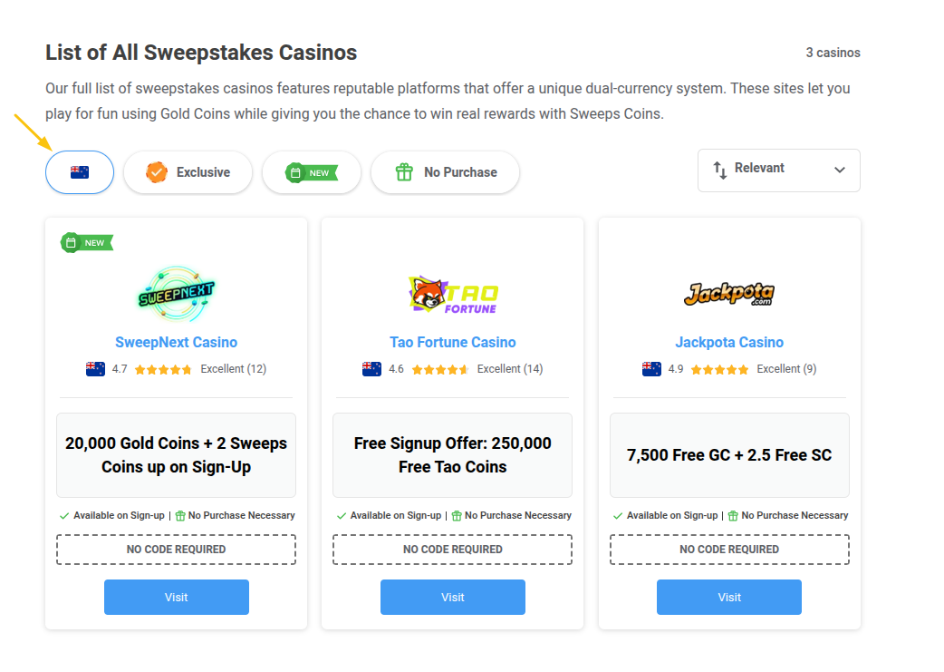 List of Sweepstakes Casino For New Zealand Players
