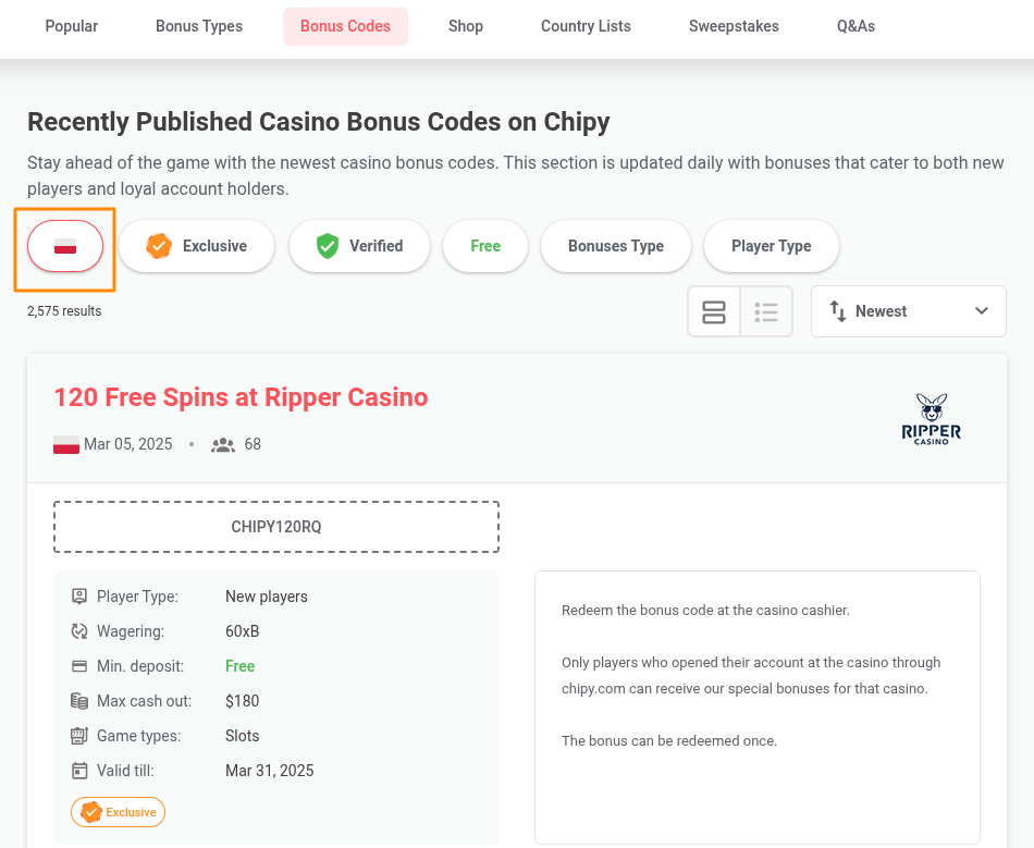 Chipy Filtering Bonuses by Country