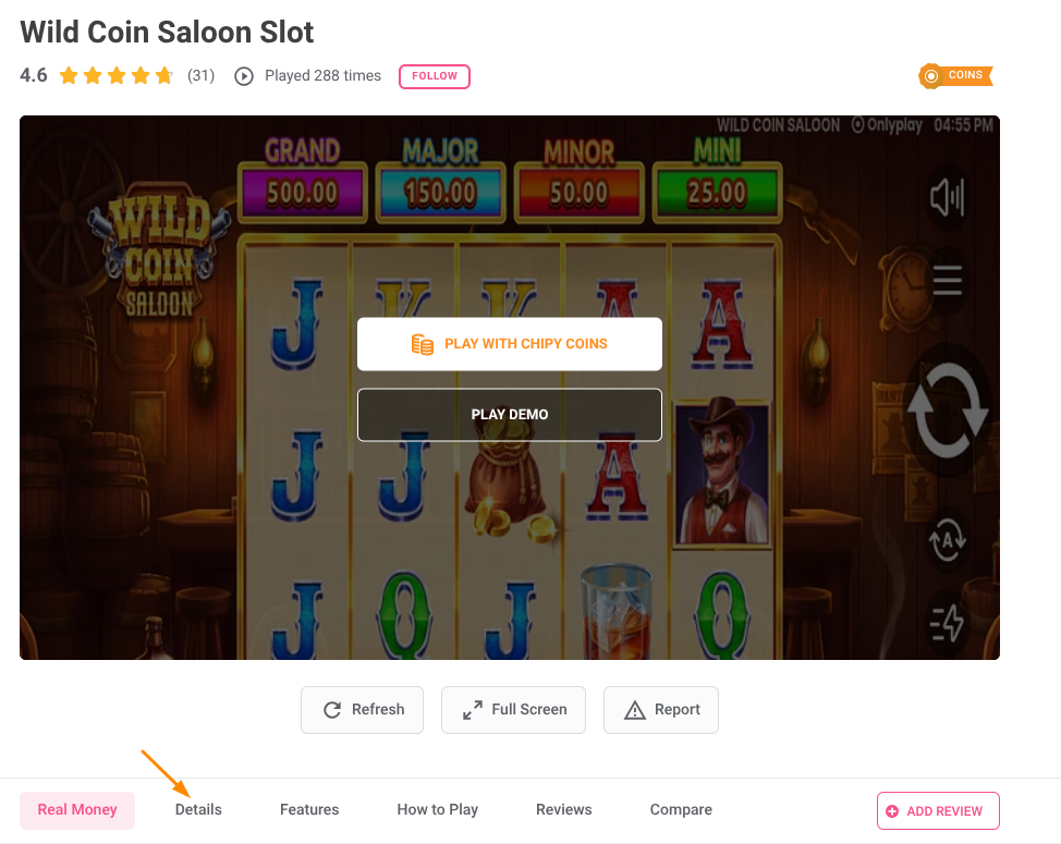 wild coin saloon details section