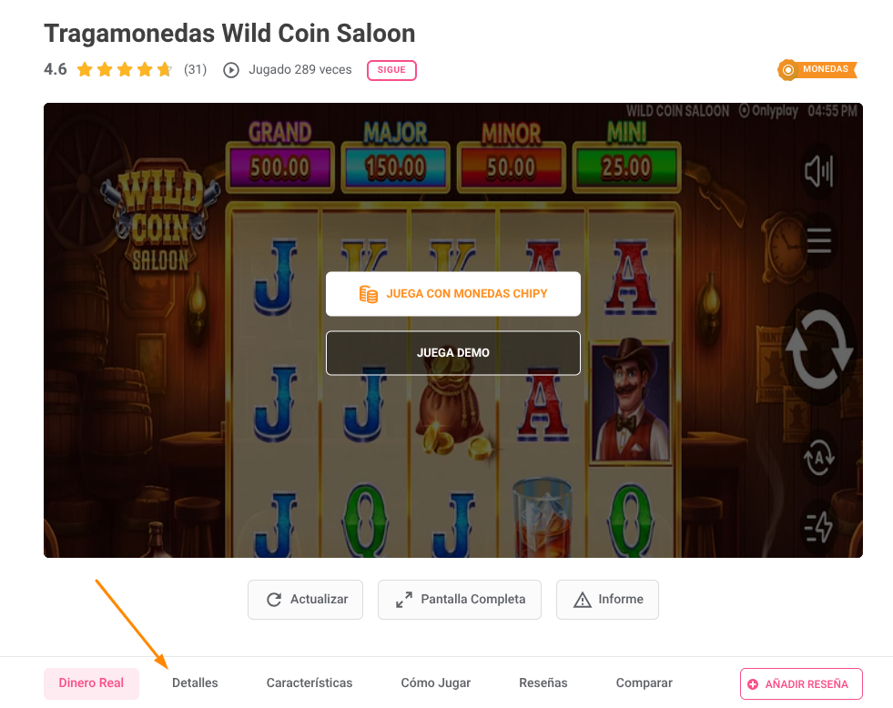 wild coin saloon sección detalles