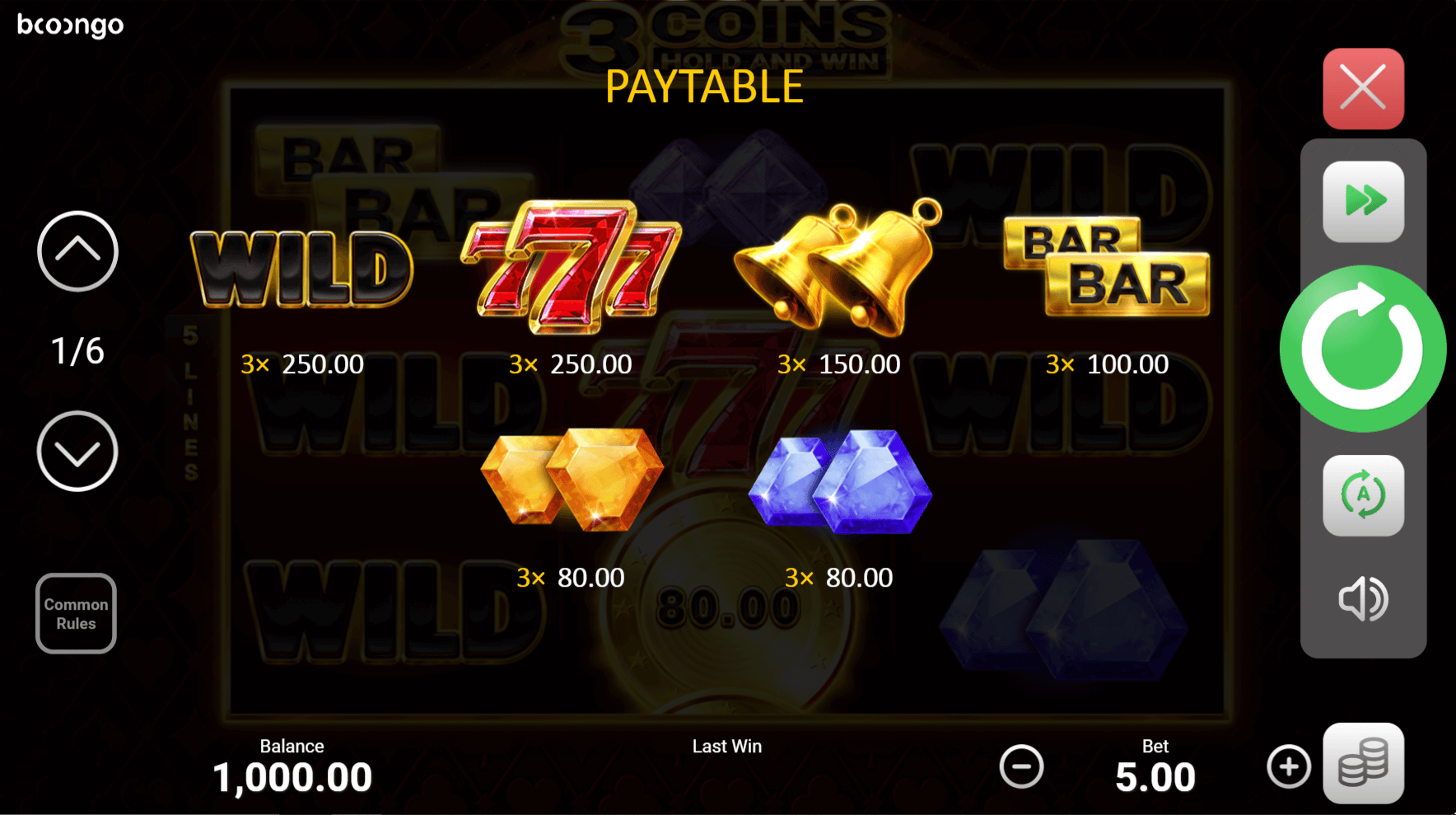 3 coins paytable