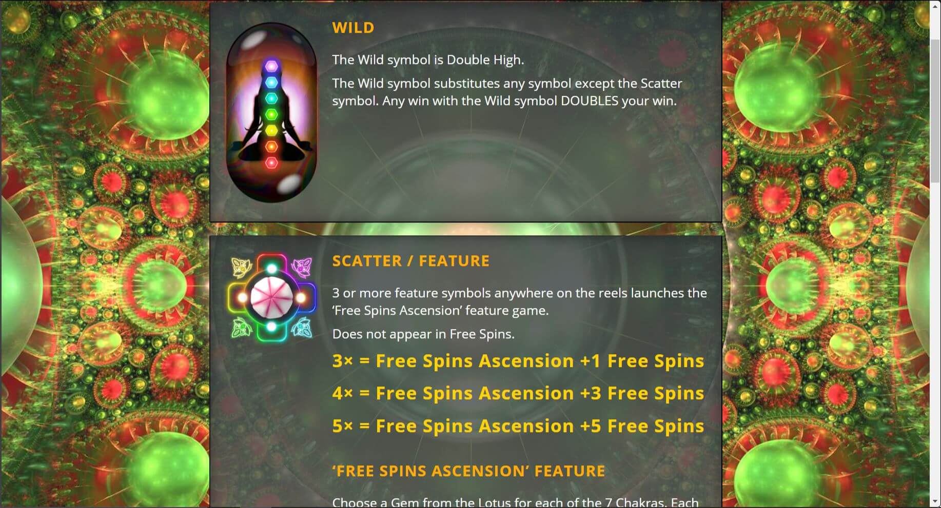 7 Chakras online slot game wild and scatter symbols paytable