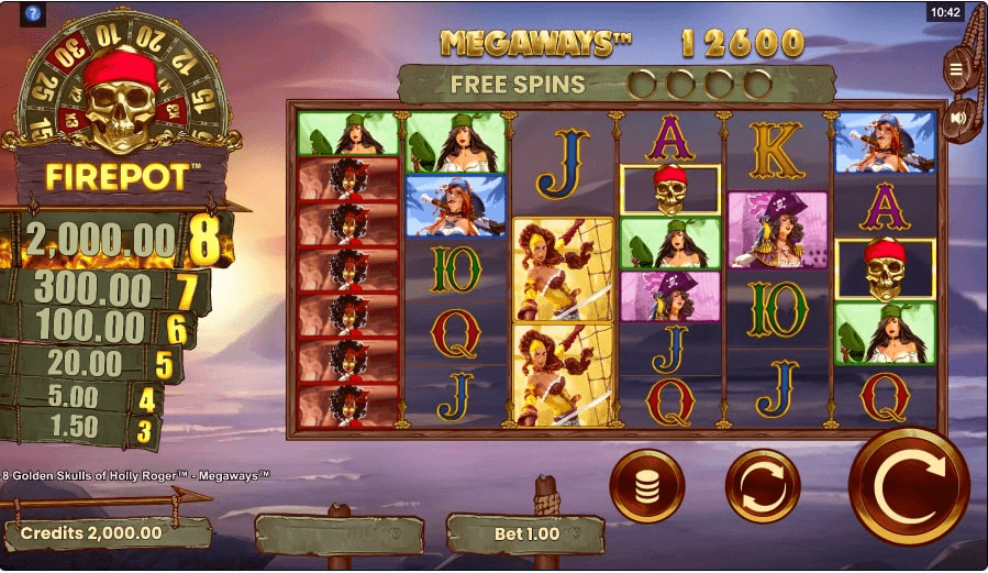 8 Golden Skulls of Holly Roger Megaways online slot game reels