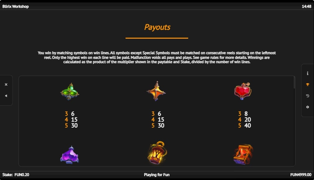Blirix Workshop Casino Slot Paytable