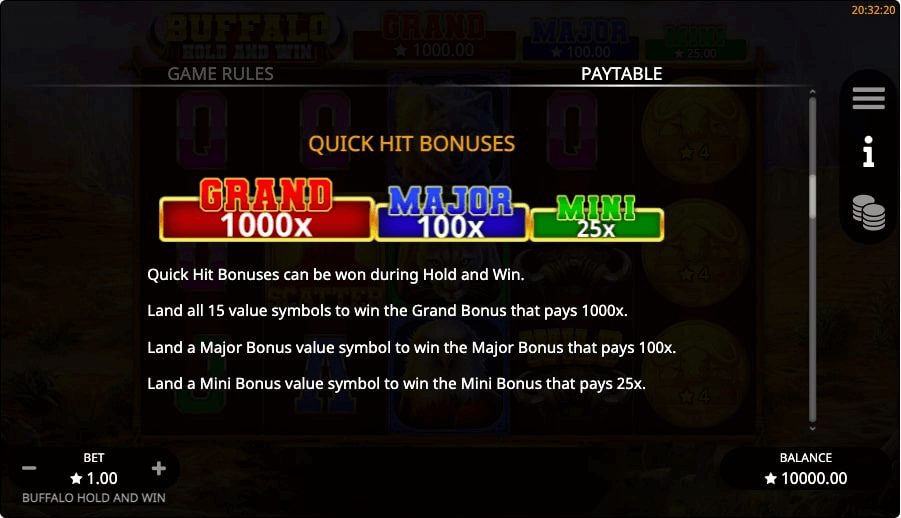 Buffalo Hold and Win online slot game quick hit bonuses