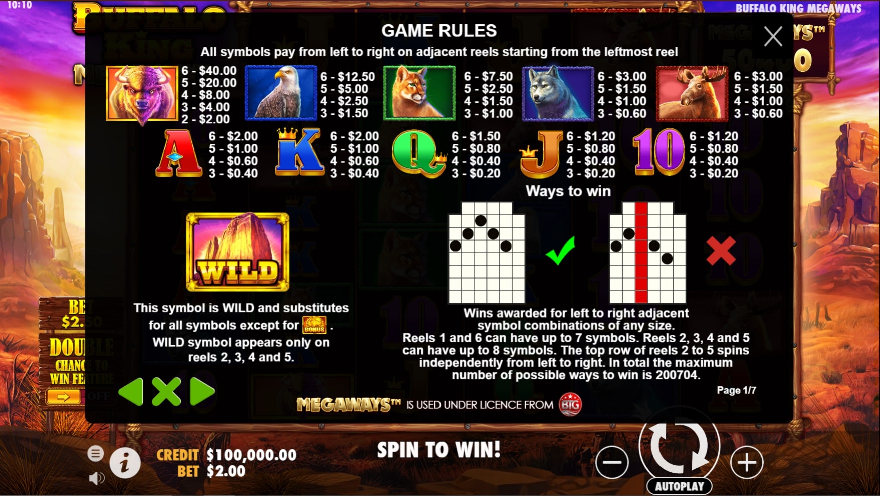  Buffalo King Megaways Paytable