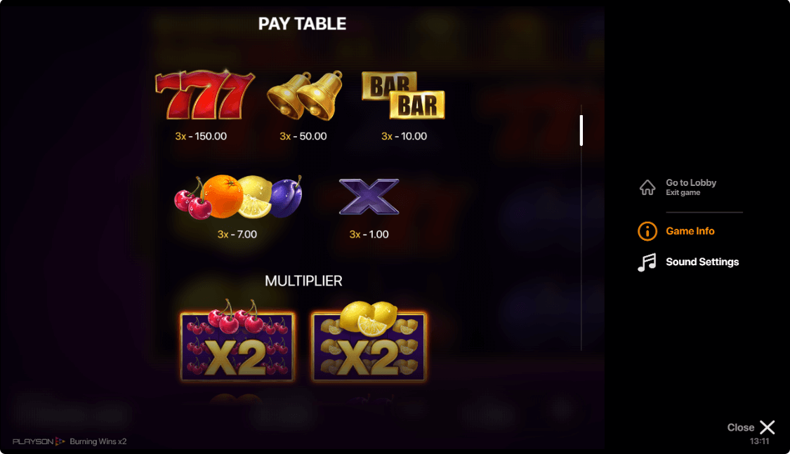 Burning Wins x2 Online Slots Game Paytable