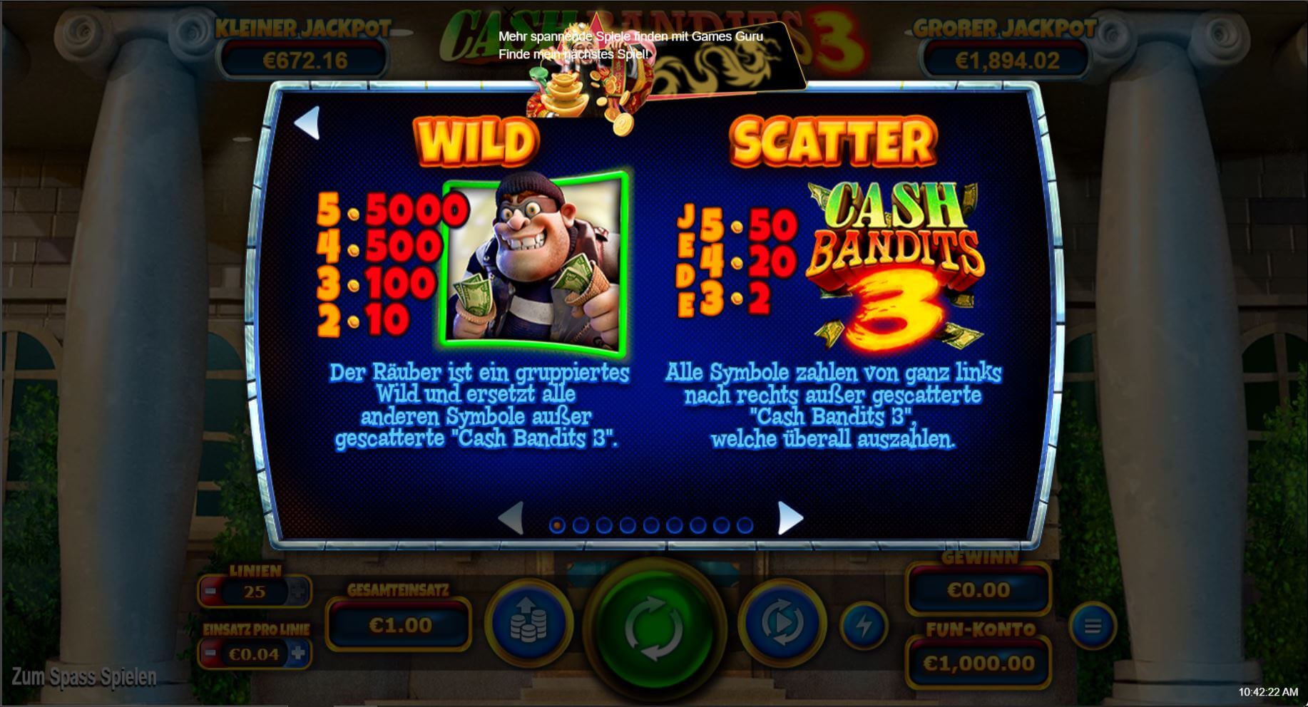 Cash Bandits 3 online slot game wild and scatter paytable