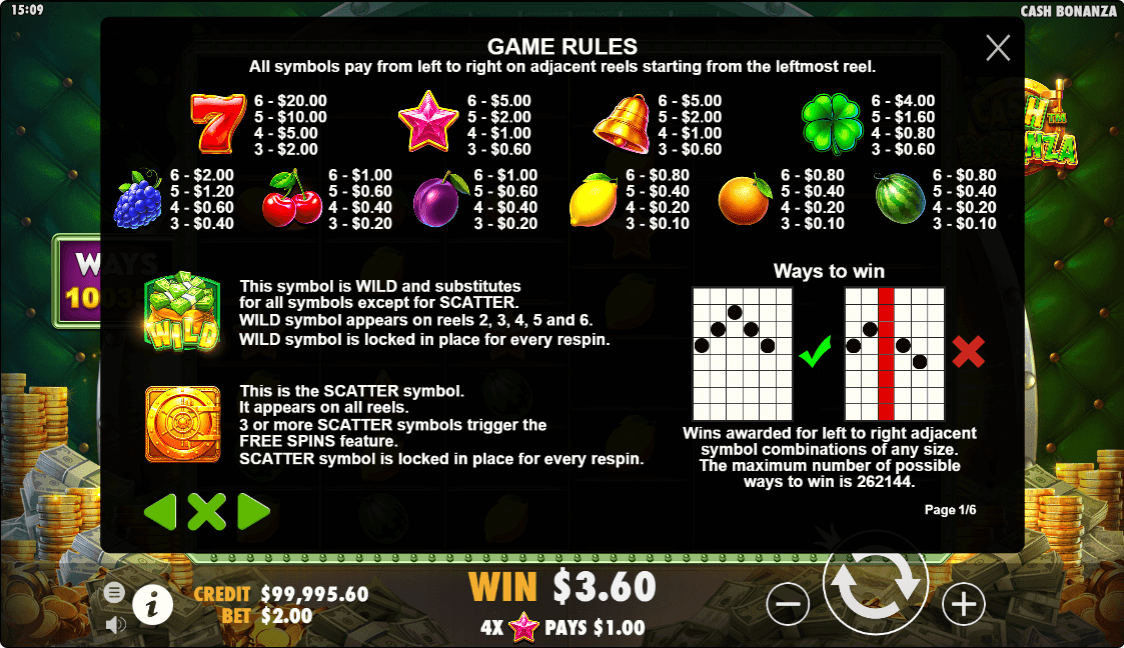 Cash Bonanza Online Slots Game Paytable