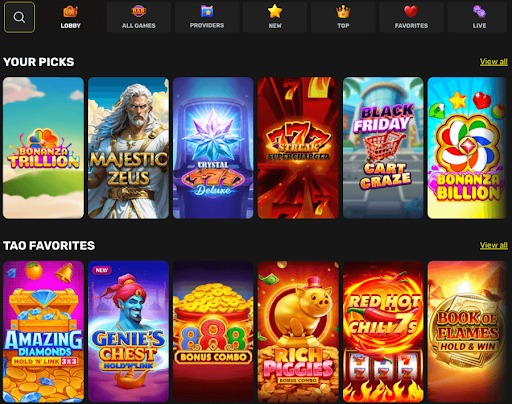 Sweepstakes Casino Tao Fortune Interface Image