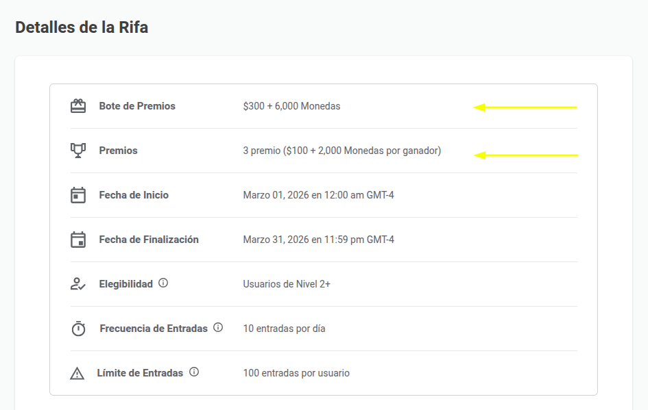 Detalles del rifas dos tipos de premios
