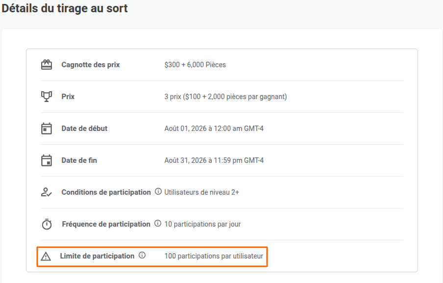 détails du tirage au sort - limite de participation - FAQ
