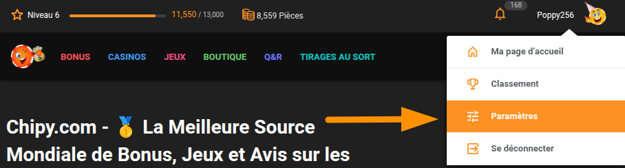 menu déroulant des paramètres