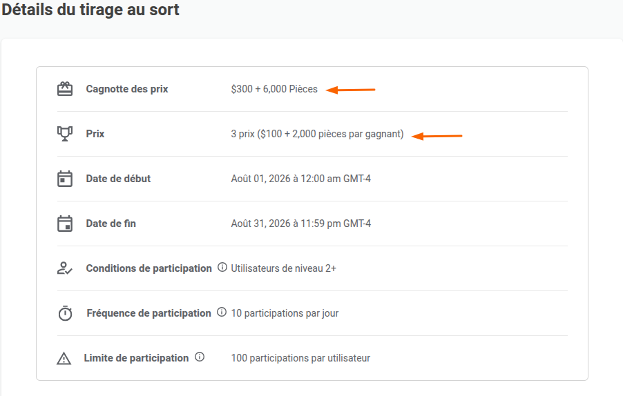 Détails du tirage au sort - deux types de lots
