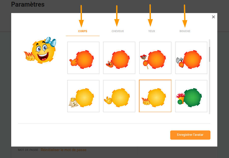 Fonctionnalités de modification de l'avatar de Chipy