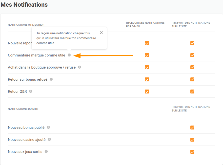 Bouton « Infos » des paramètres de notification de Chipy