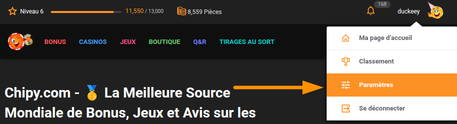 Menu des paramètres du compte Chipy