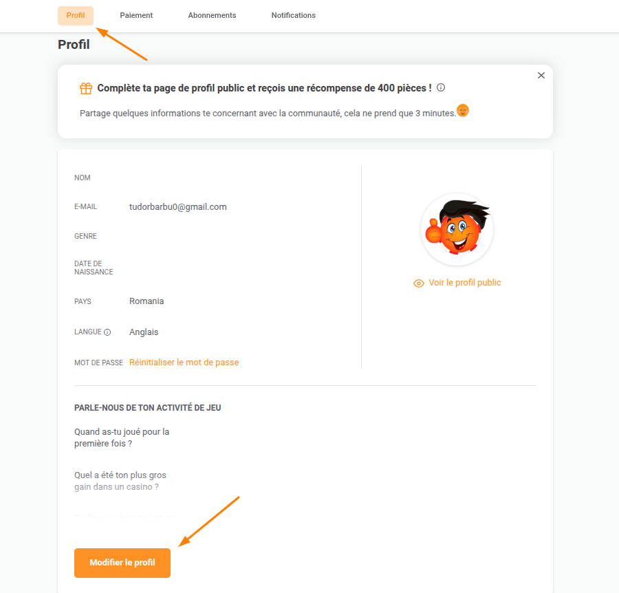 Paramètres du profil utilisateur