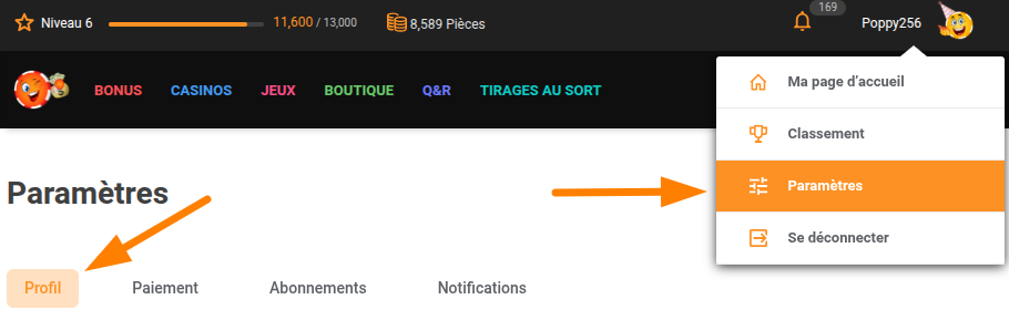 Page des paramètres