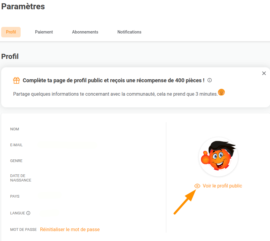 Page des paramètres du bouton « Profil public »