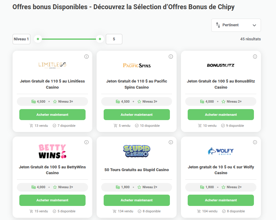 Page répertoriant les bonus de la boutique
