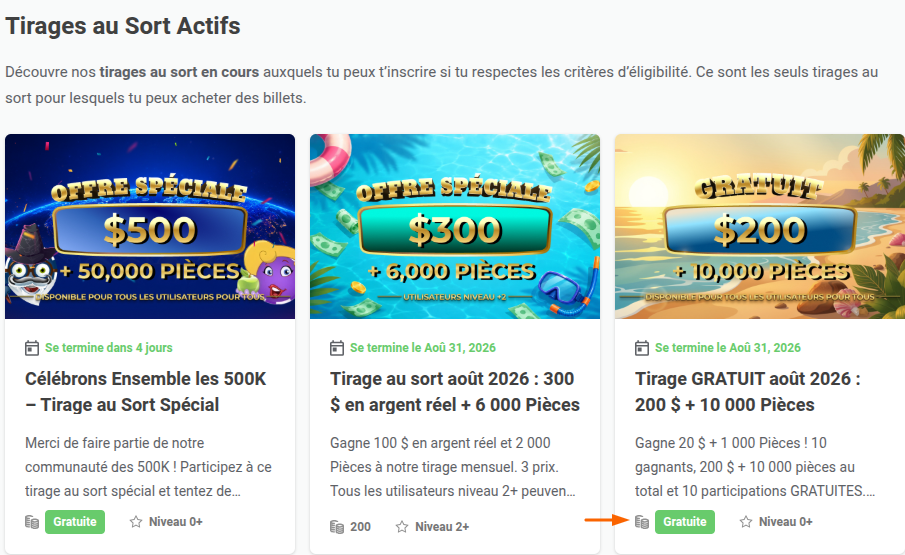 Section des tirages actifs - entrée gratuite / payante