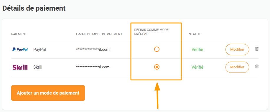 Centre d'aide : configurer votre mode de paiement préféré