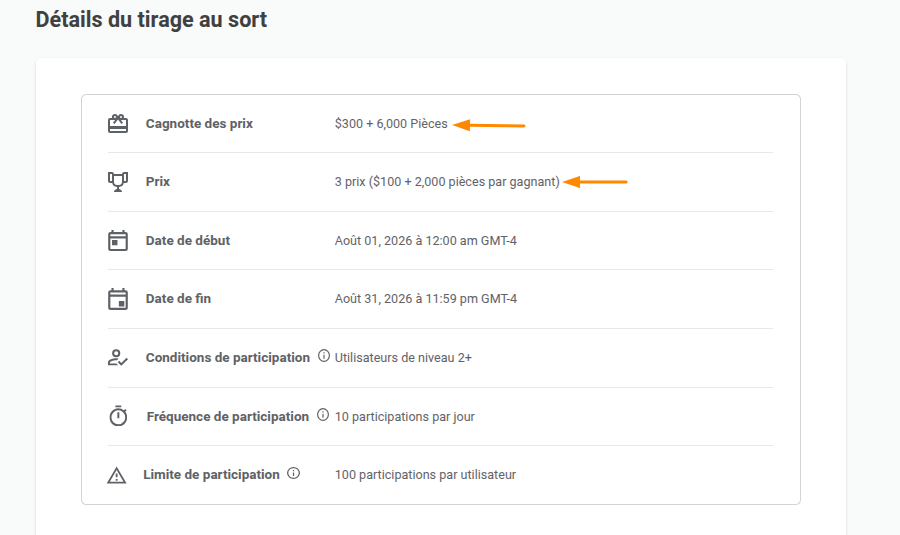 Prix des tirages au sort et cagnotte