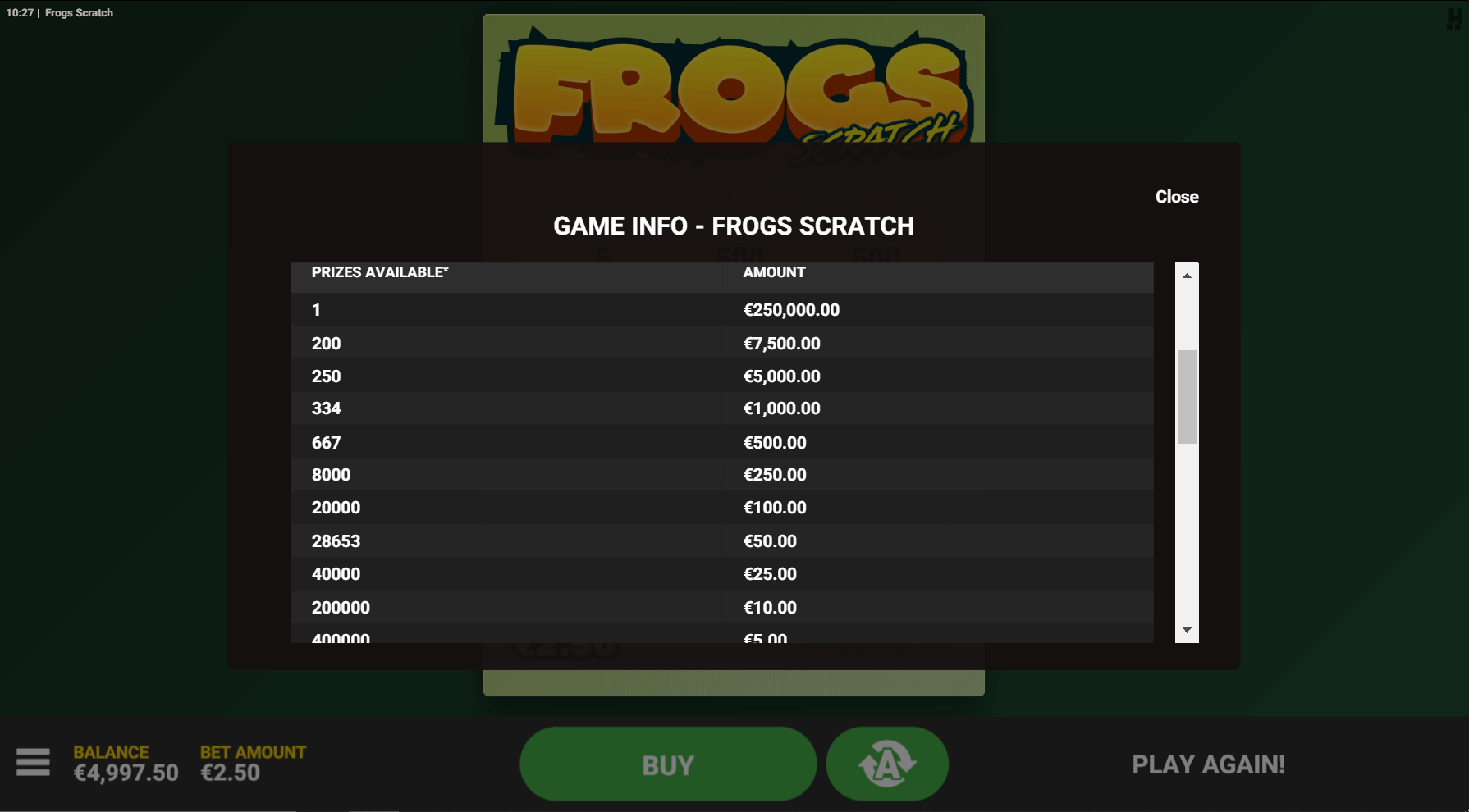Frogs Scratch paytable