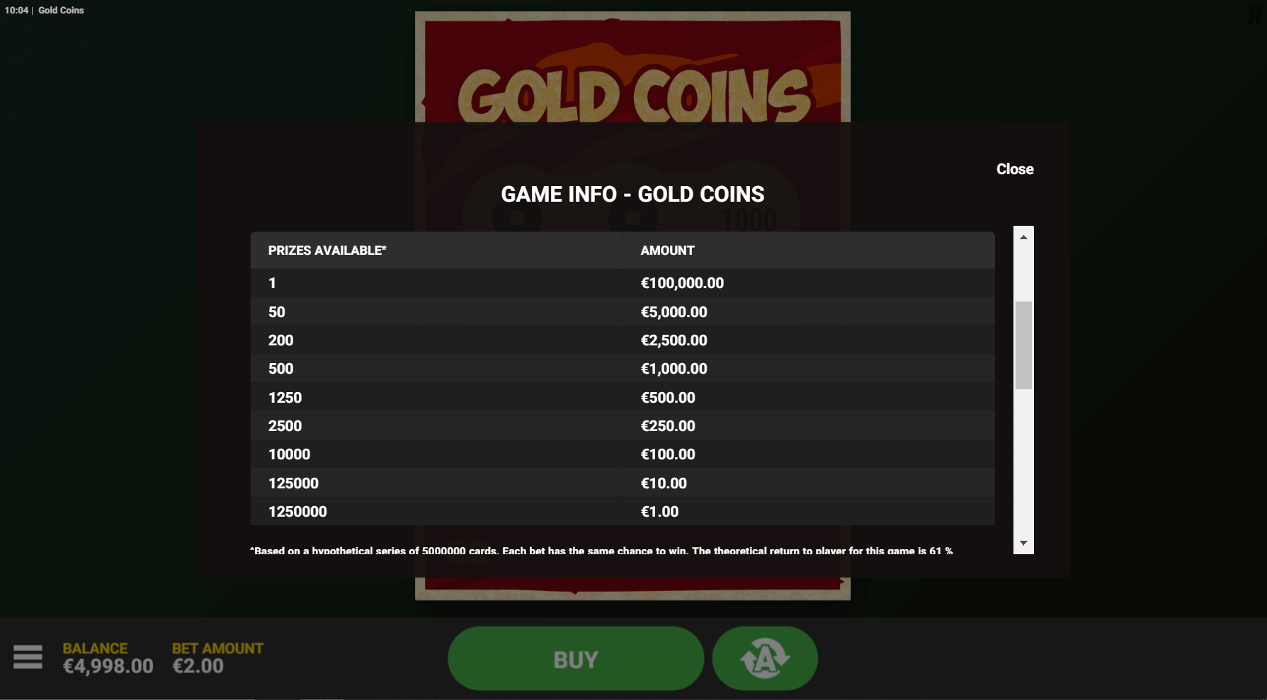 Gold Coins paytable