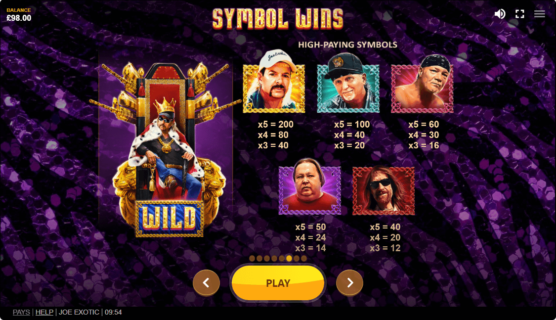 Joe Exotic Online Slots Game Paytable
