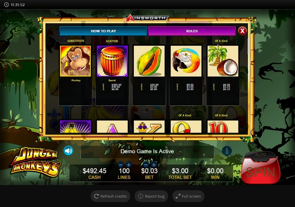 AINSWORTH JUNGLE MONKEYS SLOT PAYTABLE