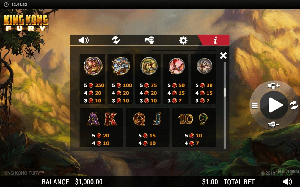 King Kong Fury Online Slot Paytable