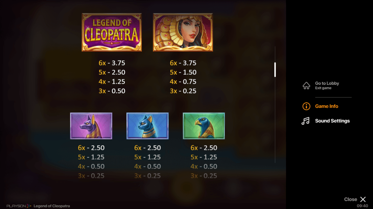 Legend of Cleopatra Megaways paytable