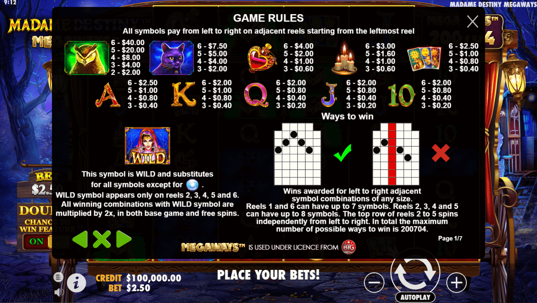 Madame Destiny Megaways winning paytable