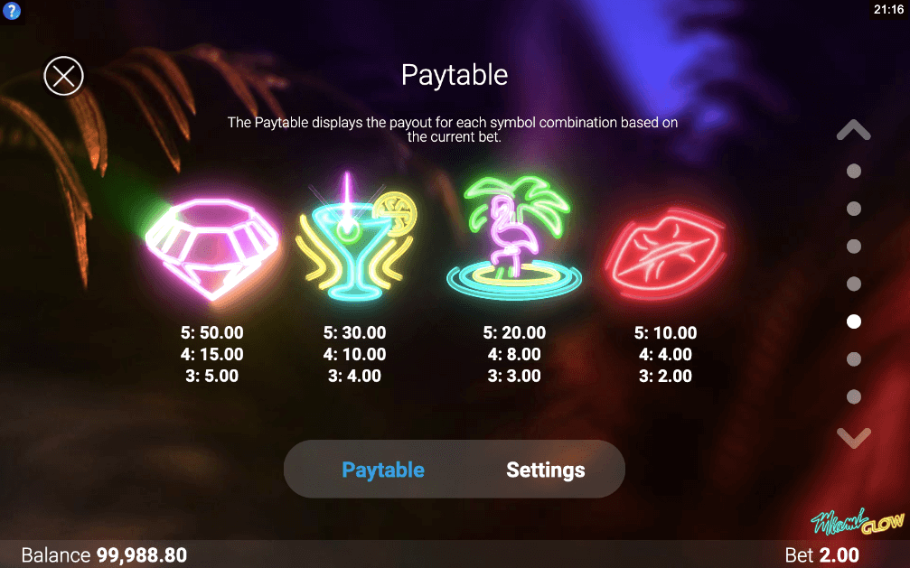 miami glow online slot paytable