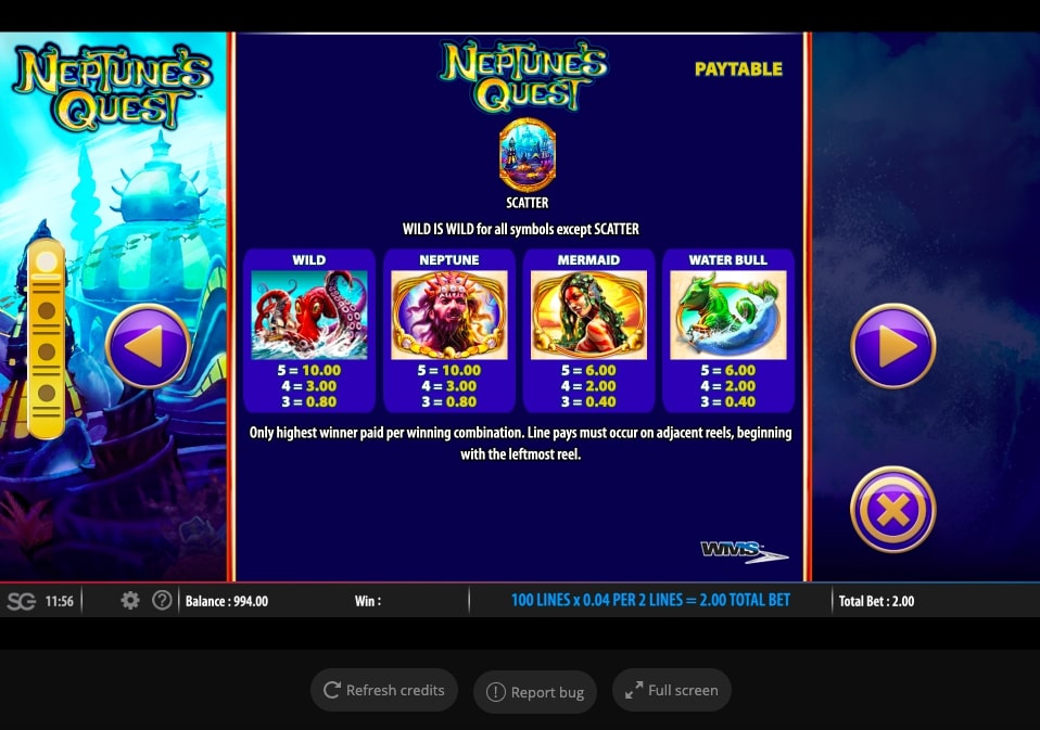 Neptune s Quest Paytable