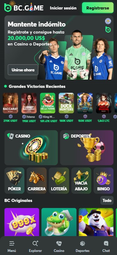 captura de pantalla de la pagina de inicio del casino bc.game