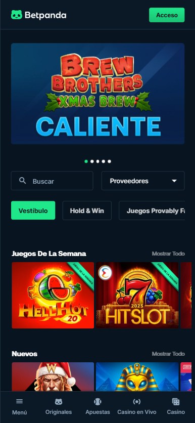 captura de pantalla de la pagina de inicio del casino betpanda
