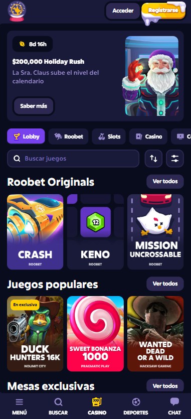 captura de pantalla de la pagina de inicio del casino roobet