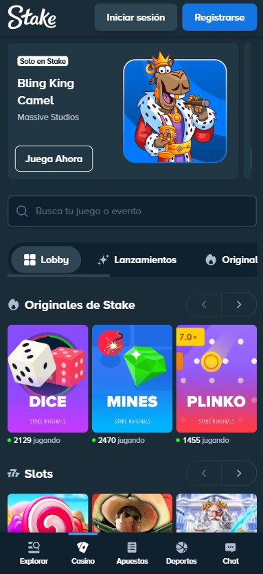 captura de pantalla de la pagina de inicio del casino stake