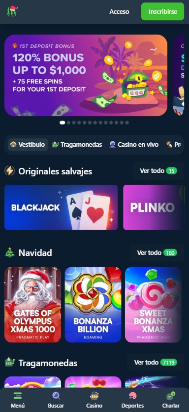 captura de pantalla de la pagina de inicio del casino wild.io