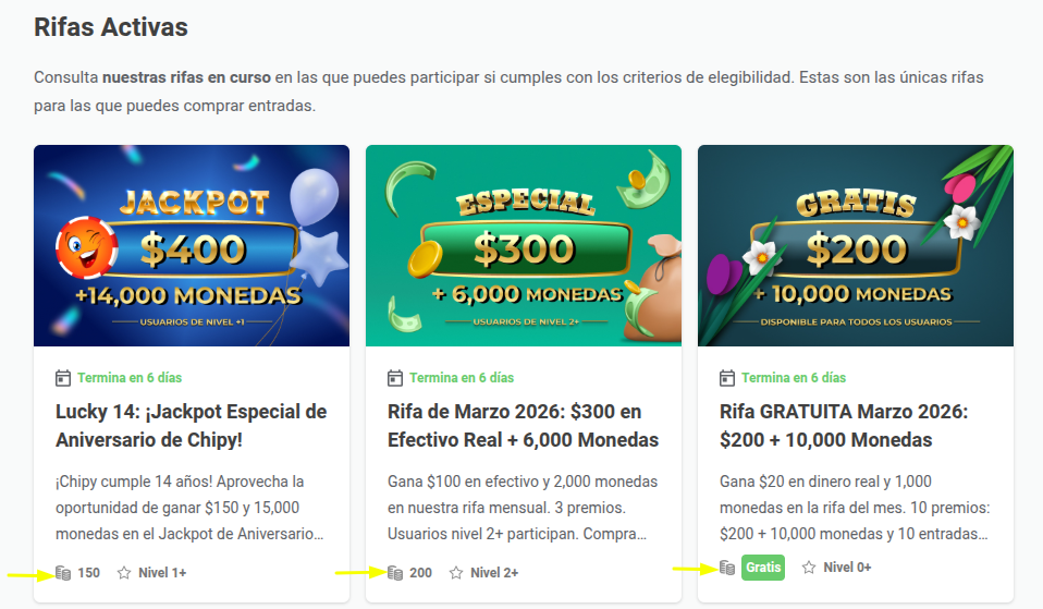 Sección de rifas activas entrada gratuita de pago