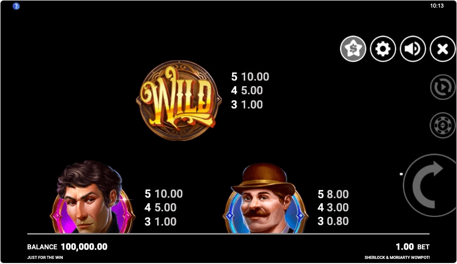 Sherlock and Moriarty WowPot online slot game paytable