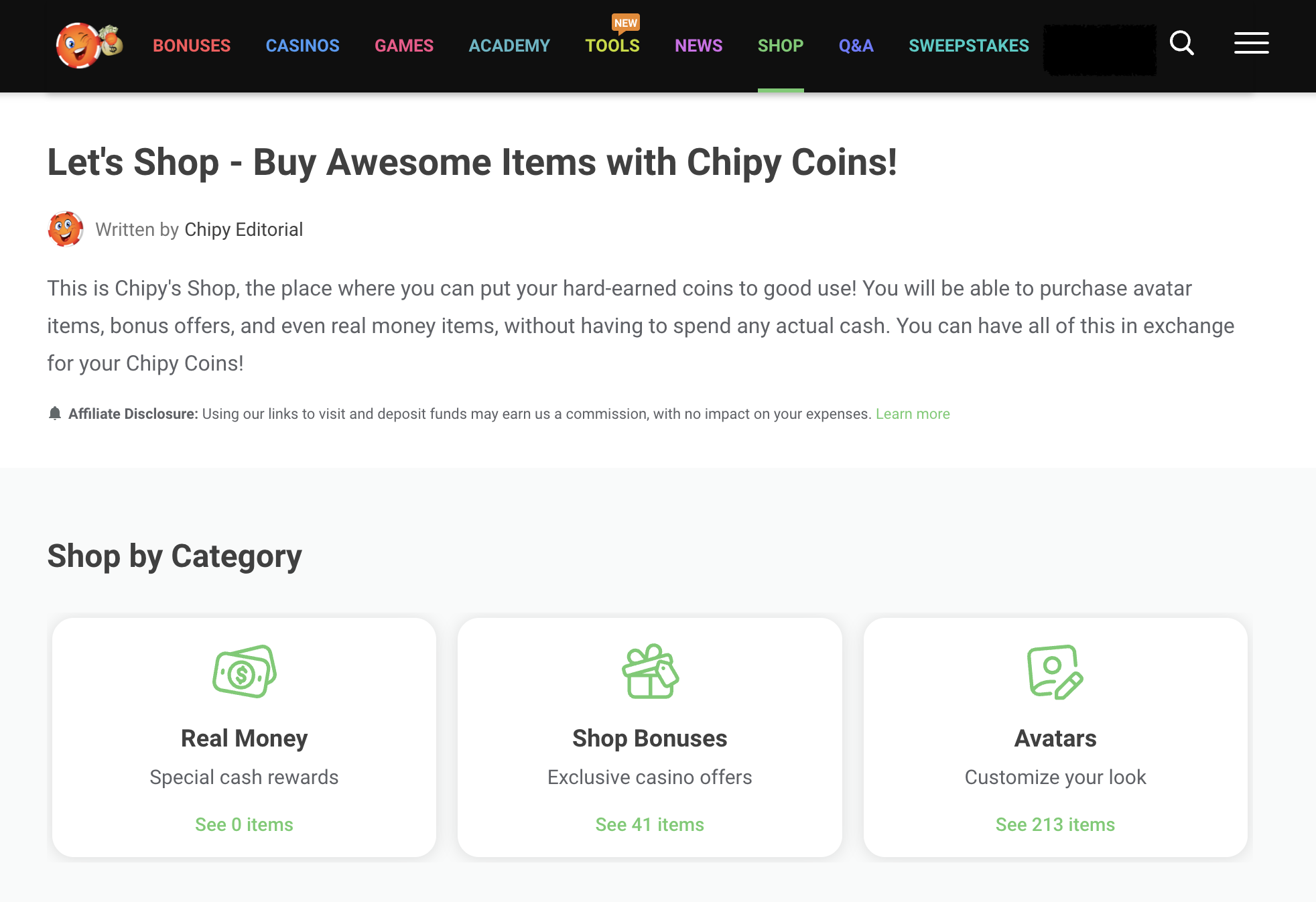 Shop Main Page - Items by Category