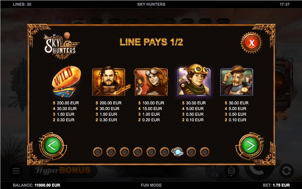 Sky Hunters Online Slot Paytable