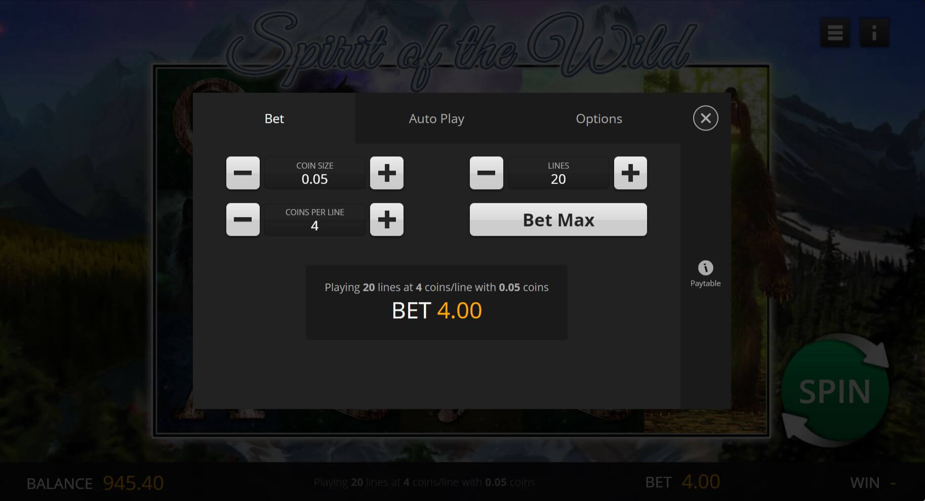 Spirit of the Wild online slot game bet settings