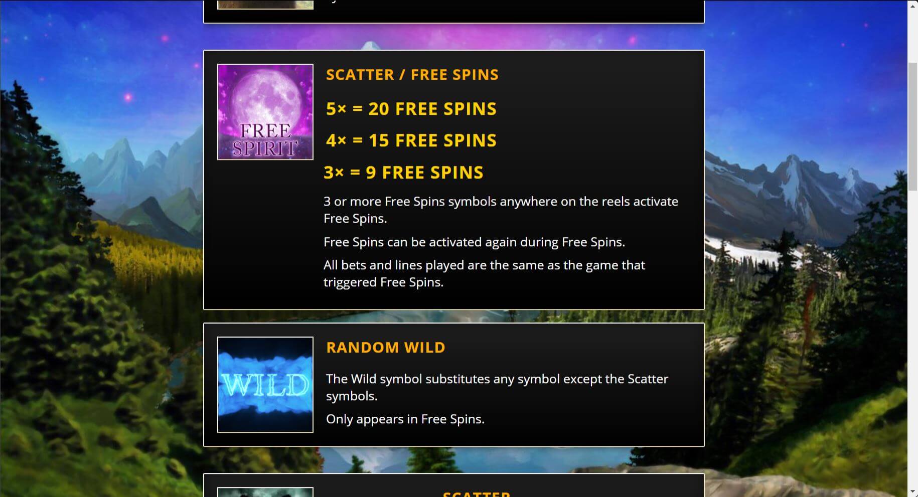 Spirit of the Wild online slot game free spins and wild symbol paytable