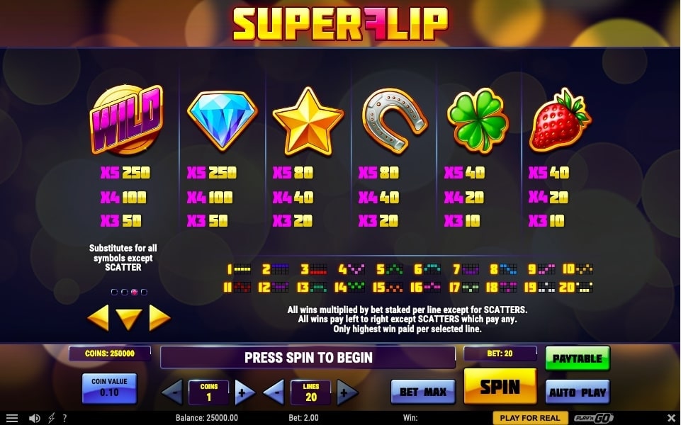 Super Flip slot paytable