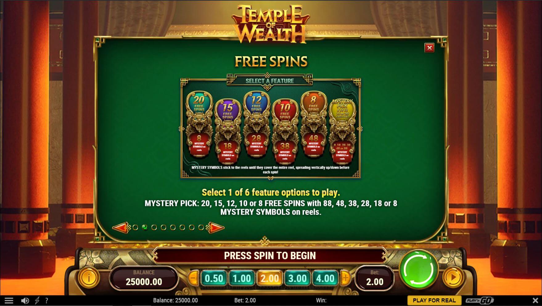 Temple of Wealth online slot game free spins